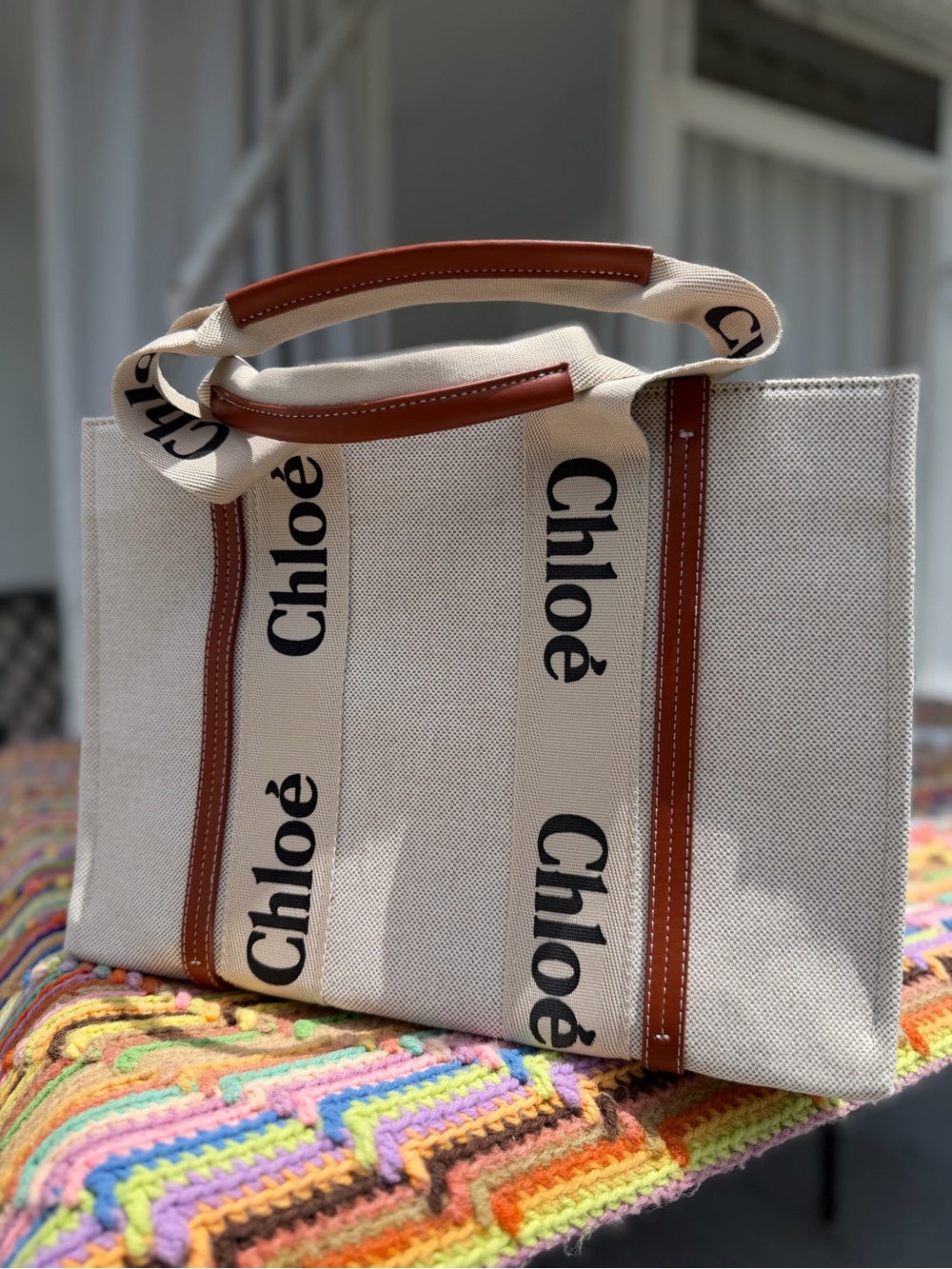 Beige Canvas Logo Tote with Brown Trim